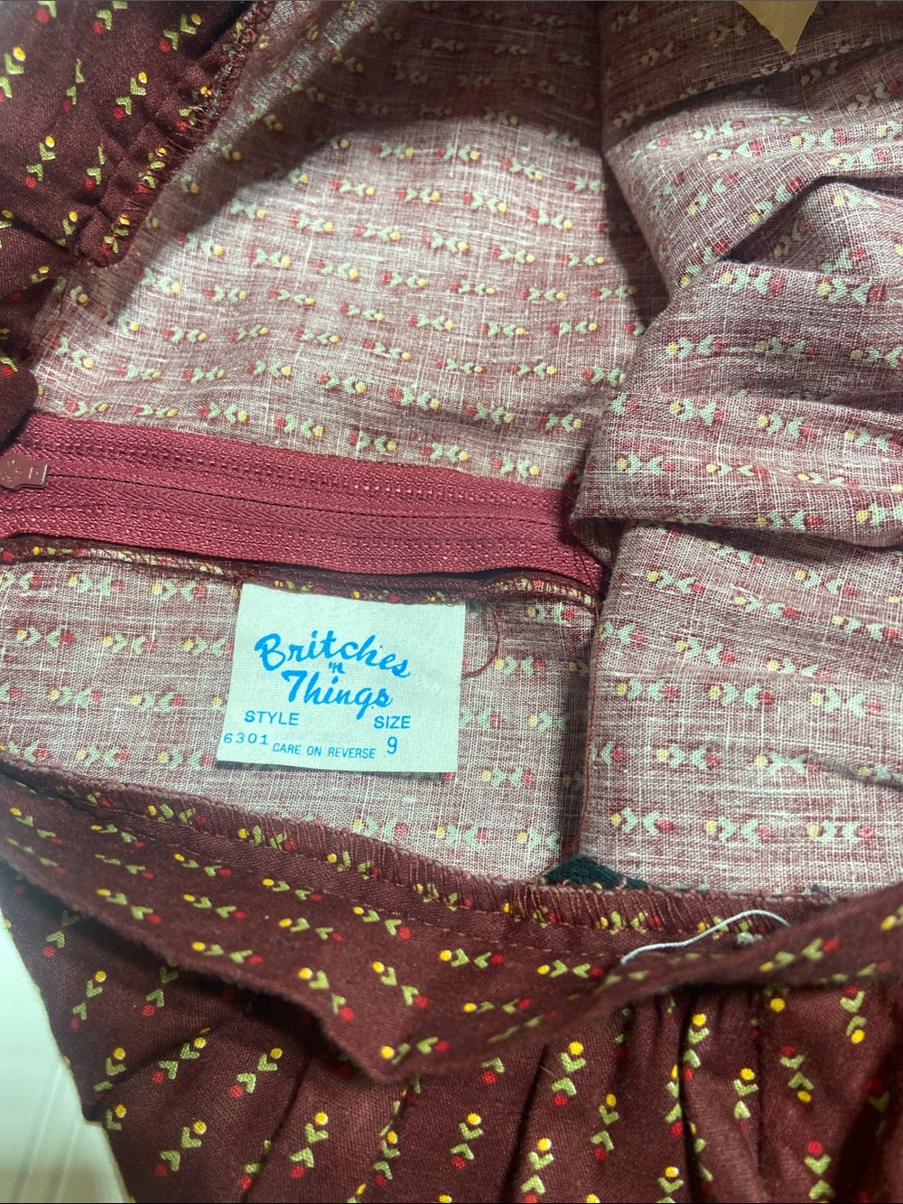 Britches n Things Vintage 70s Prairie Skirt Size 9 Burgundy Floral NWT Deadstock - Picture 4 of 12